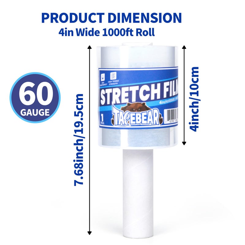 TAPEBEAR Stretch Wrap Film 4"" x 1000Ft Shrink Wrap Roll with Handle  60 Gauge Thick Durable Self-Adhering Clear Plastic Wrap Industrial Strength Pallet Shrink for Moving  Packing - Image 2